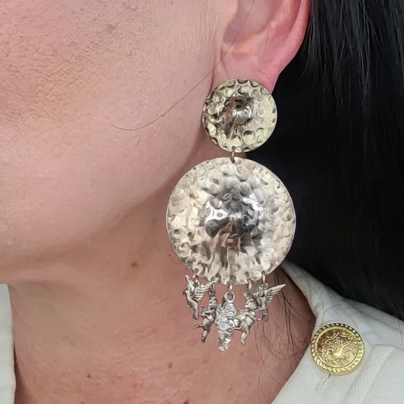 Earrings Retro 80's Tarnished Silver Tone Statement Angel Fringe Eclectic Unique - Picture 5 of 5